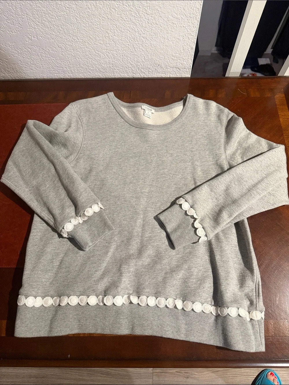 Women's Light Gray Crewneck Sweater with Scallop Trim